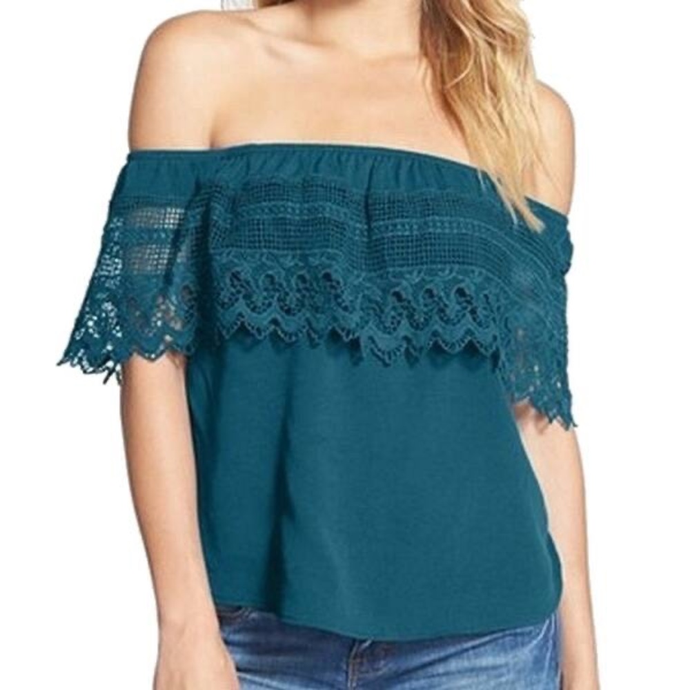 Socialite crochet off the shoulder lace bardot top